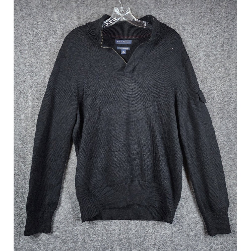 Banana Republic Sweater Men Size M Black Wool Blend Military Epaulet Quarter Zip